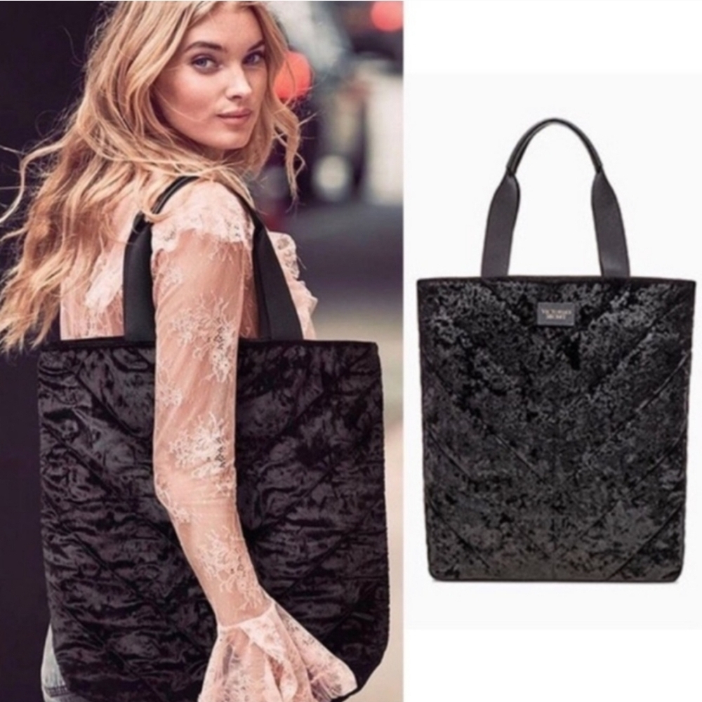 Victoria's Secret Black Quilted Crushed Velvet Shoulder Tote Bag